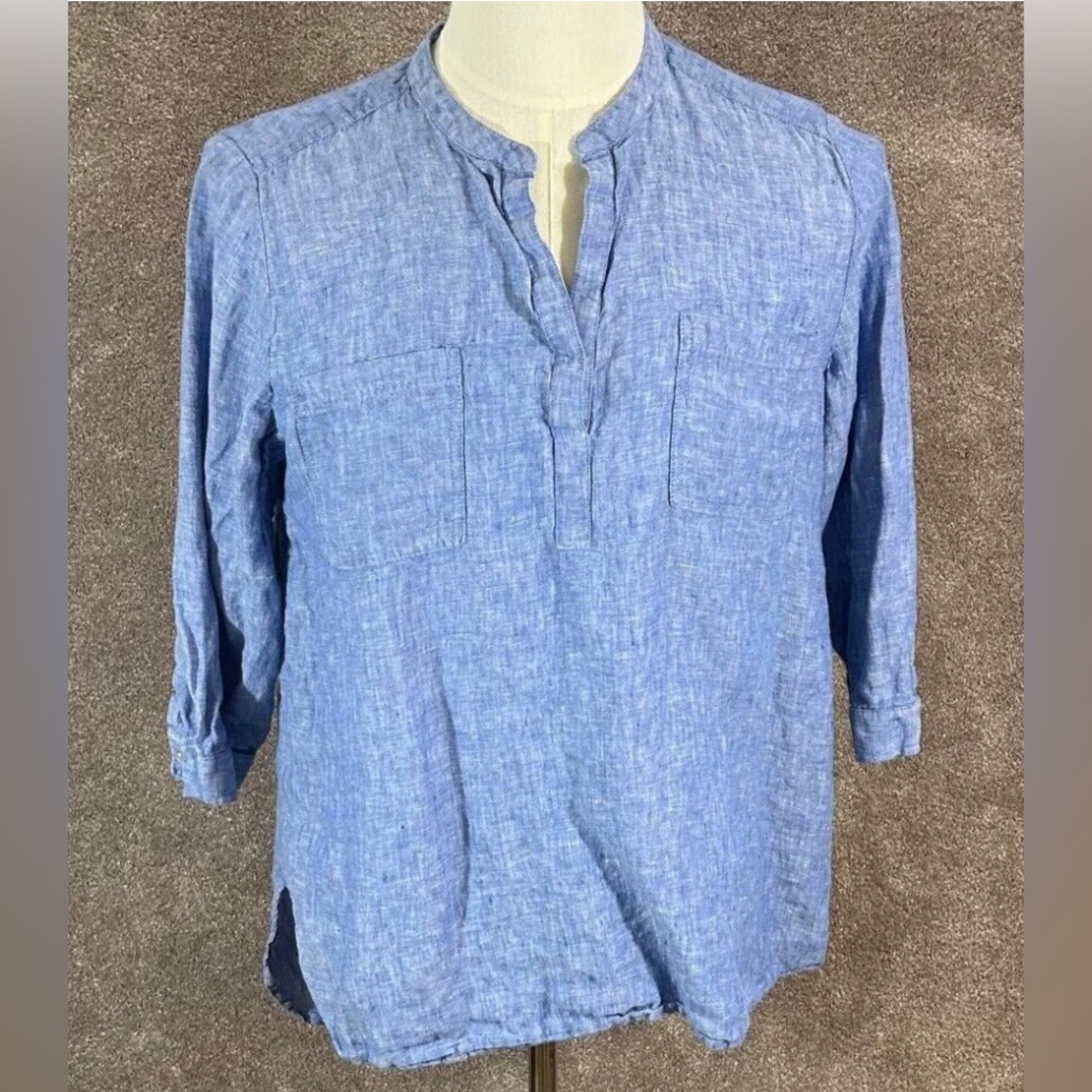 Chicos Top Womens 2 Large 12 Blue Chambray 100% Linen 3/4 Sleeve Pockets Blouse